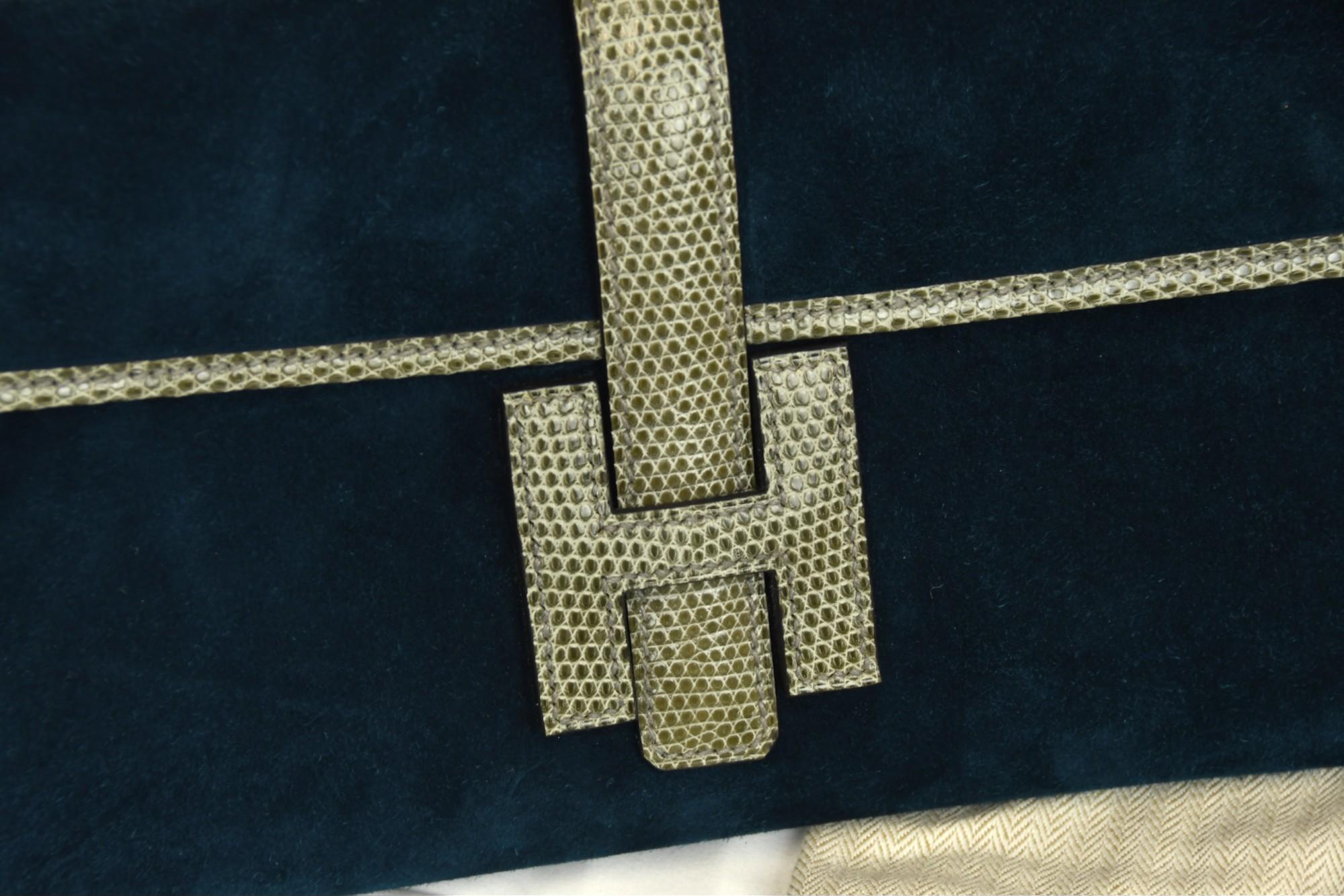 Hermès Veau Doblis Lizard Jige Elan 29 Clutch Bleu Ocean  Exotic Trim For Sale 5