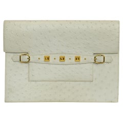 Hermès White Ostrich Pre-Médor Clutch  Gold Pyramid Stud Detail