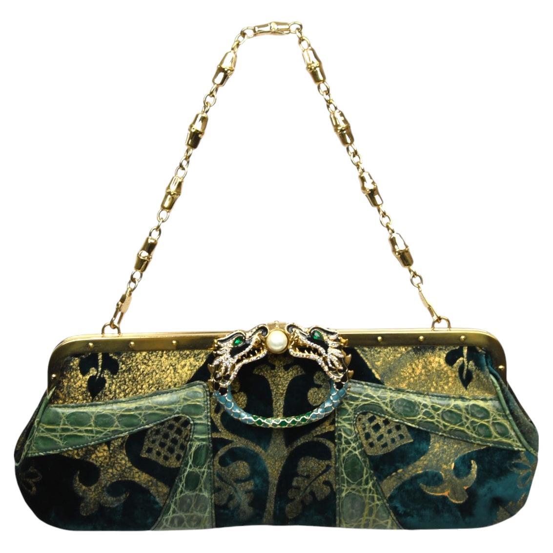Edizione limitata di Gucci Tom Ford Era, borsa in velluto verde con drago di perle e coccodrillo