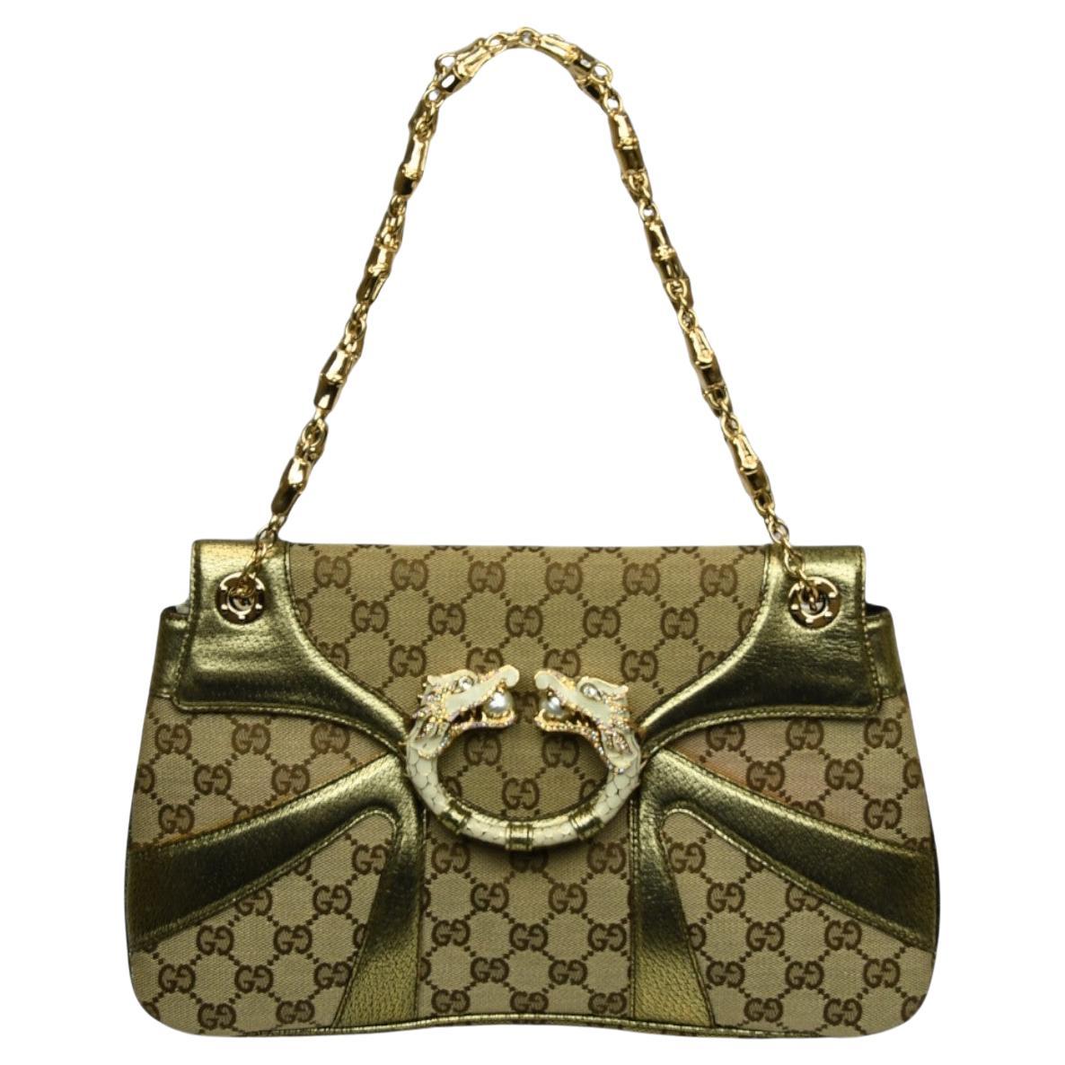 Gucci Tom Ford GG Canvas Dragon Bandoulière  Cuir et chaîne en or métallisé