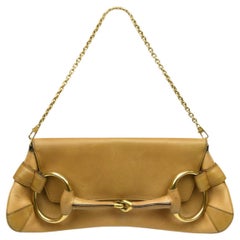 Gucci Camel Leather Horsebit Clutch With Chain Strap  Gold Hardware