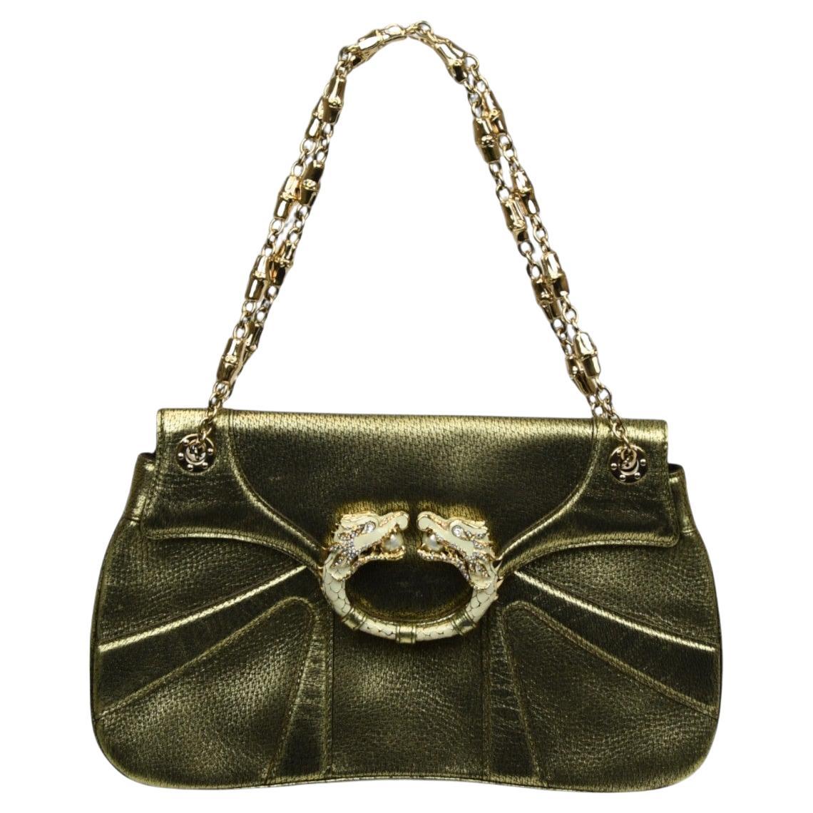 Gucci - Sac dragon en cuir olive métallisé  FW 2004 Tom Ford  Embellie de cristal en vente