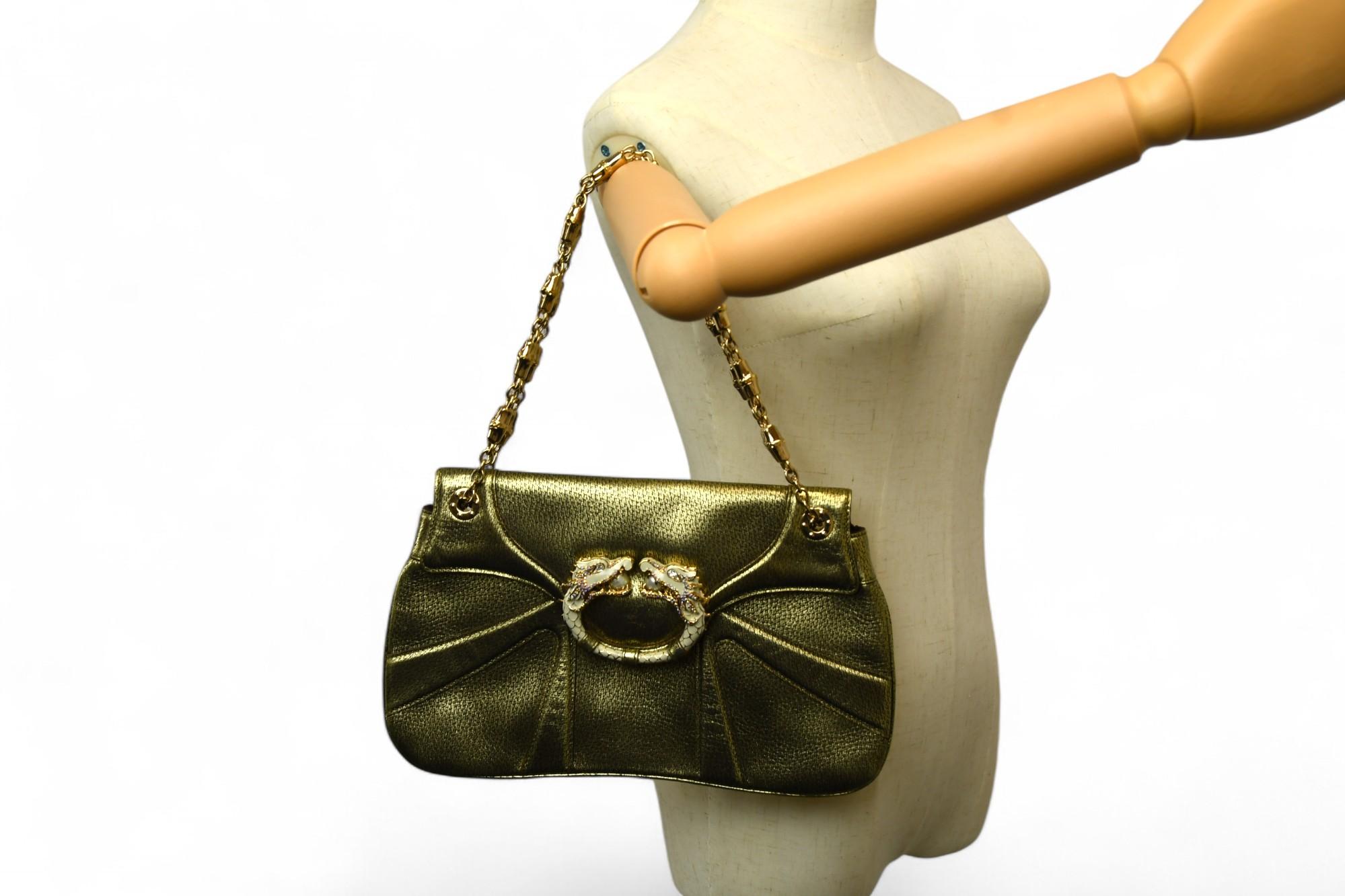 Gucci - Sac dragon en cuir olive métallisé  FW 2004 Tom Ford  Embellie de cristal en vente 1