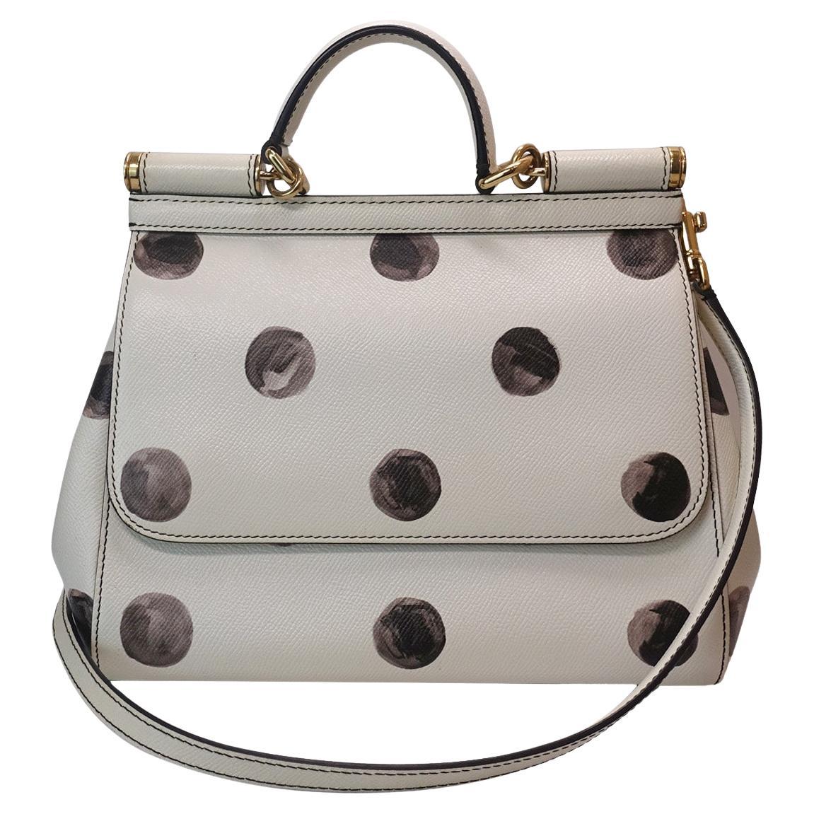 Dolce & Gabbana Large Sicily Leather Bag with Black Polka Dots