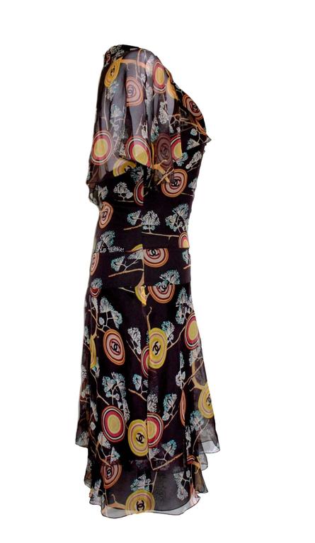 Amazing Chanel Chinoiserie Silk Chiffon CC Logo Print Dress For Sale at ...