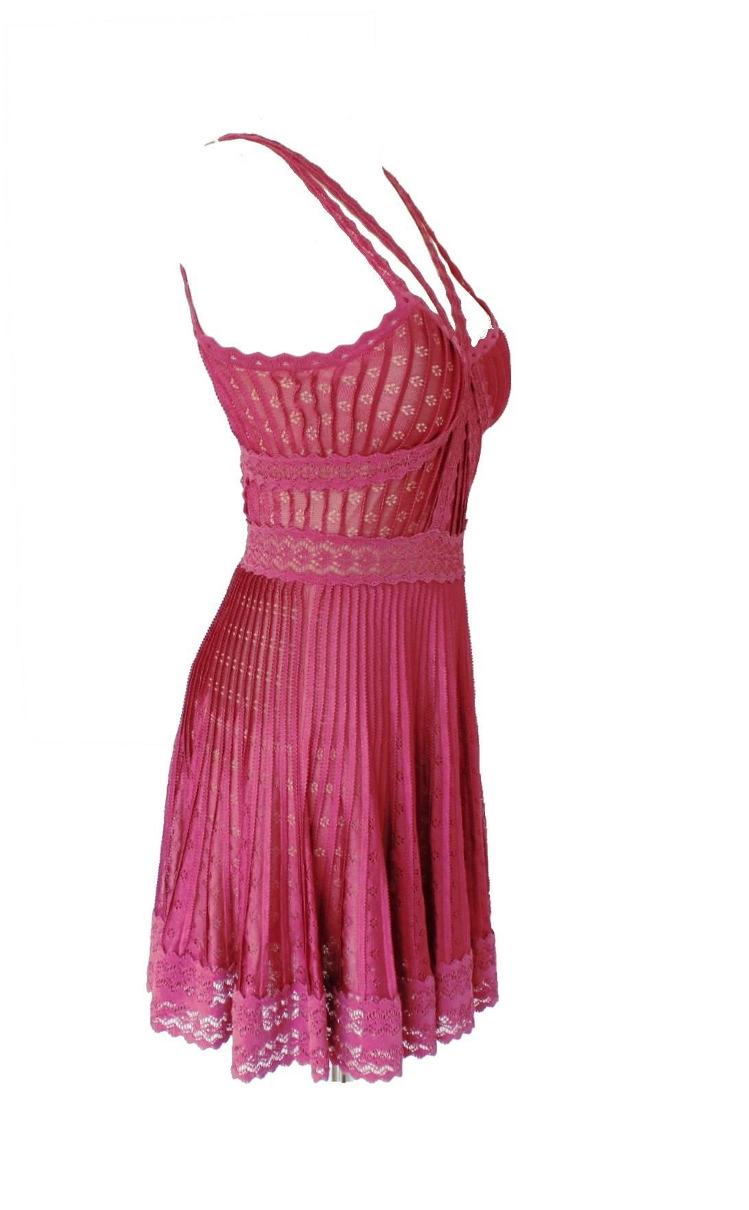 Pink Christian Dior Fuchsia Crochet Knit Detail Cocktail Dress