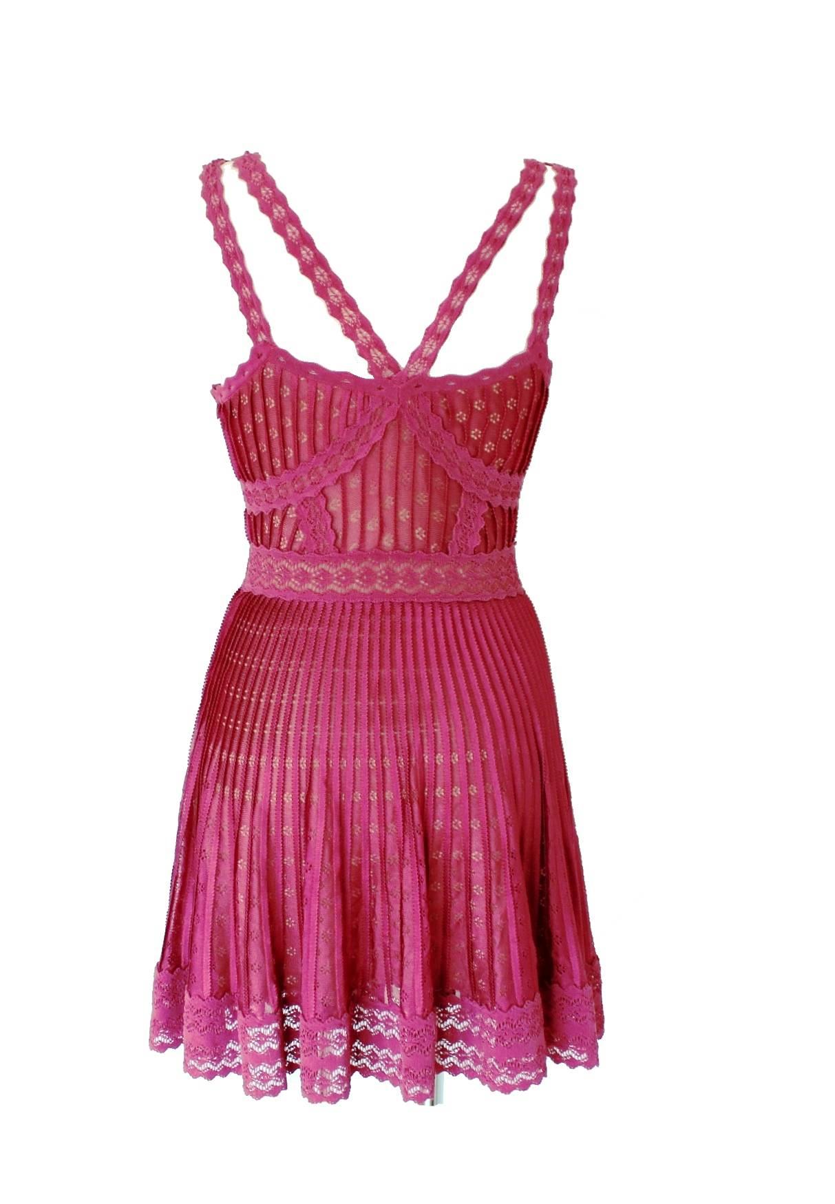 Christian Dior Fuchsia Crochet Knit Detail Cocktail Dress In New Condition In Switzerland, CH
