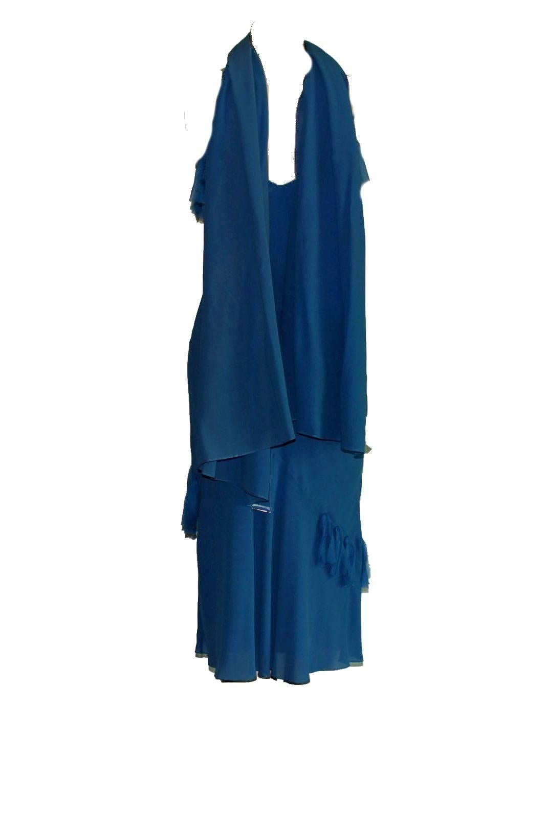 Stunning John Galliano Ruched Blue Silk Dress with Matching Scarf / Stola / Shaw In Excellent Condition In Switzerland, CH