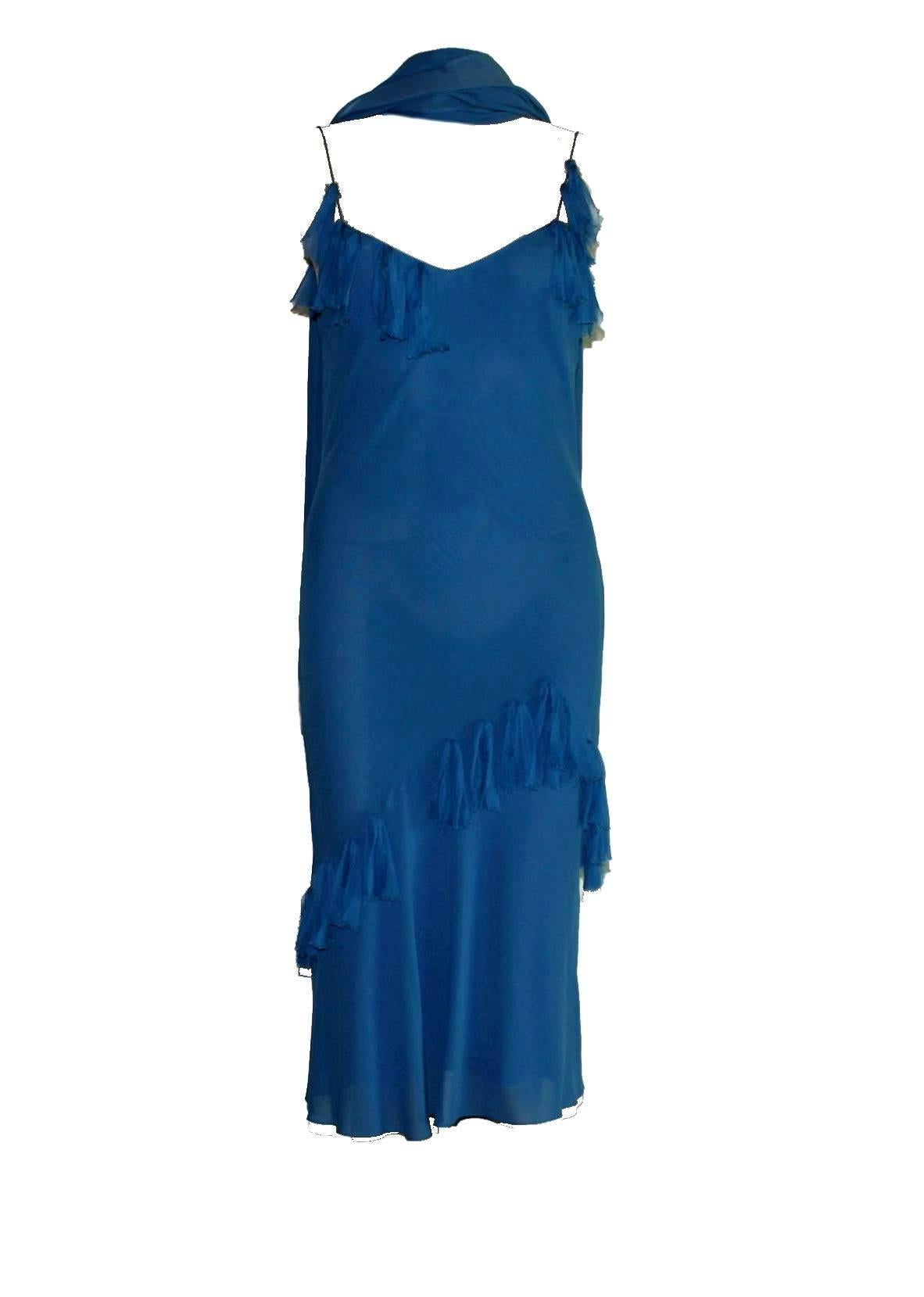 Stunning John Galliano Ruched Blue Silk Dress with Matching Scarf / Stola / Shaw 1