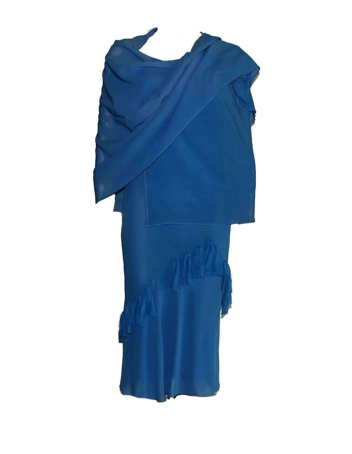 Women's Stunning John Galliano Ruched Blue Silk Dress with Matching Scarf / Stola / Shaw