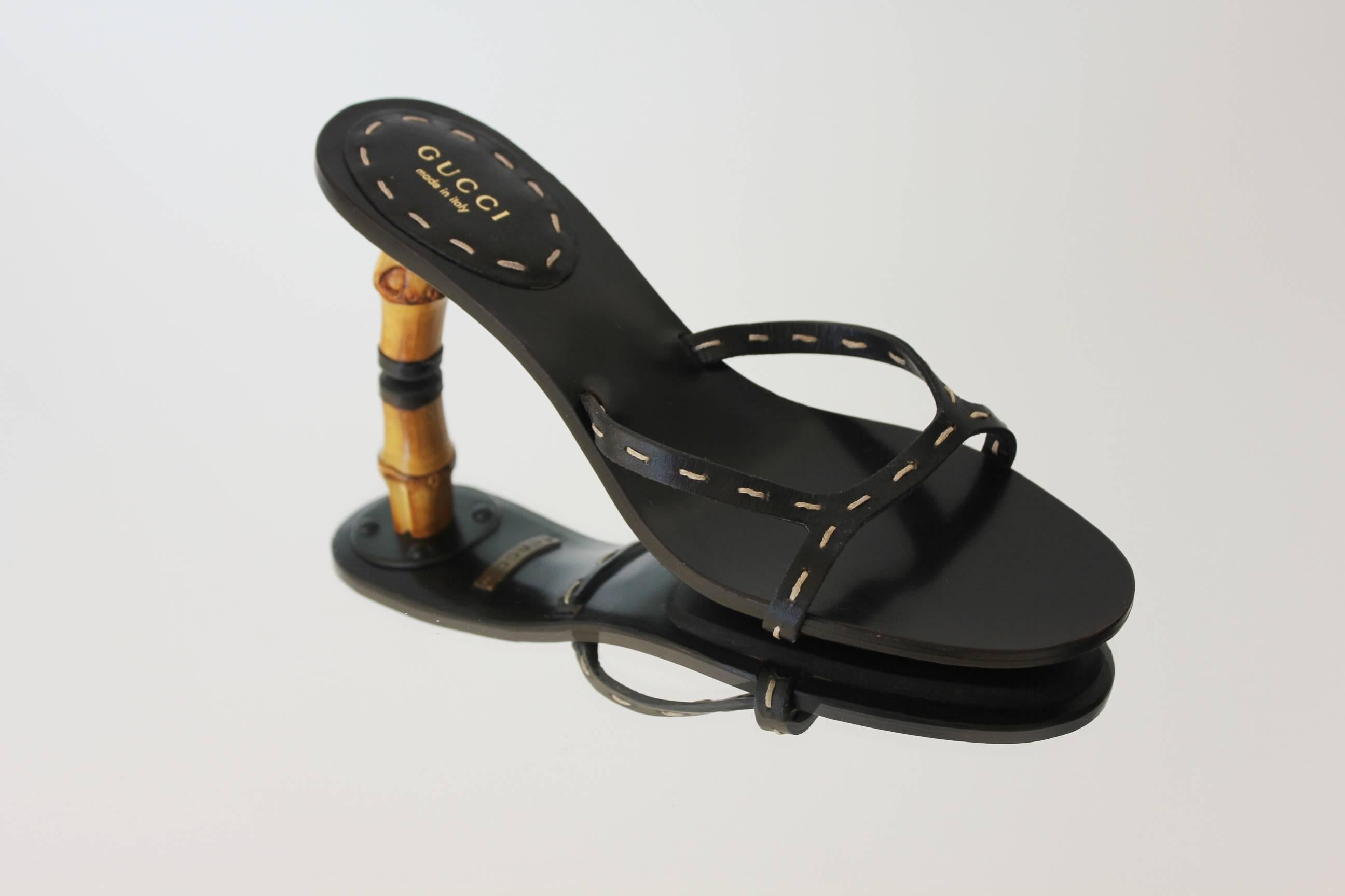 Black Iconic Gucci Bamboo Leather Sandals Heels