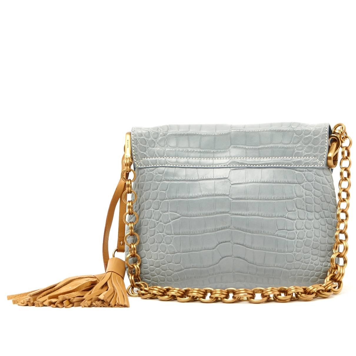 Wonderful babyblue Prada Alligator Bag
Amazing piece from Prada's Exotic Skin collections
Made of fine alligator skin that has been tanned using natural methods.
Heavy brass colored chain shoulder strap (can be detached), engraved discreetly with