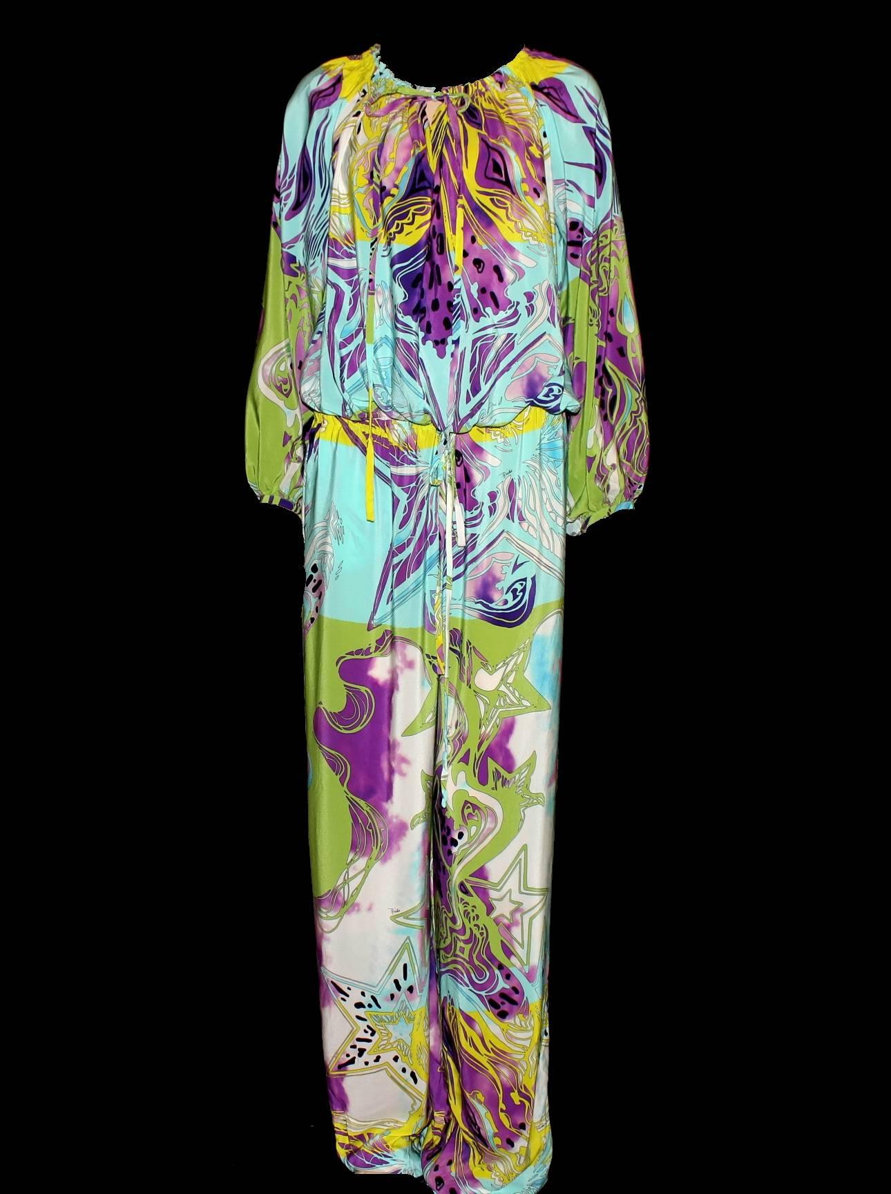 Beige Emilio Pucci Signature Print Silk Jumpsuit