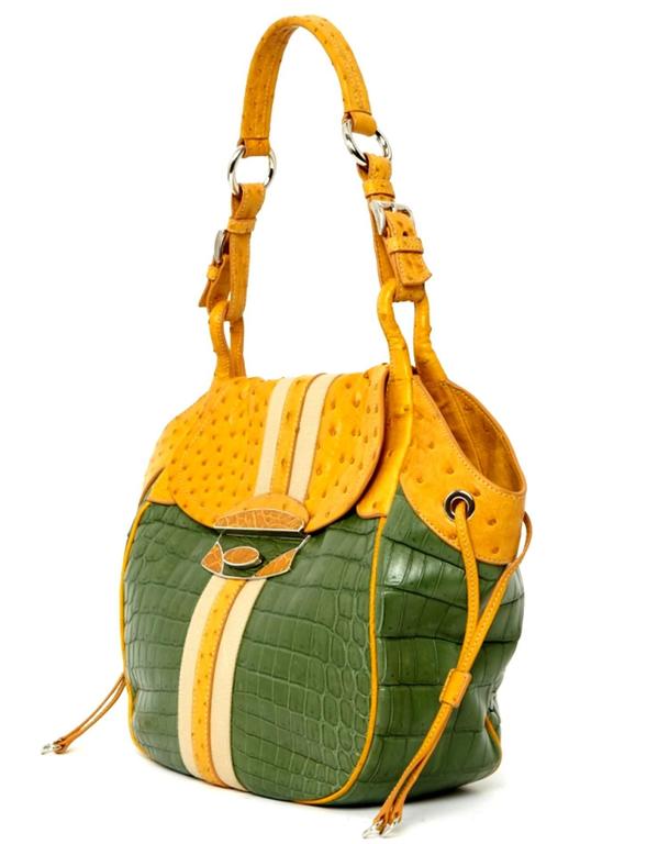 Prada Green Alligator and Yellow Ostrich Skin Handbag at 1stDibs