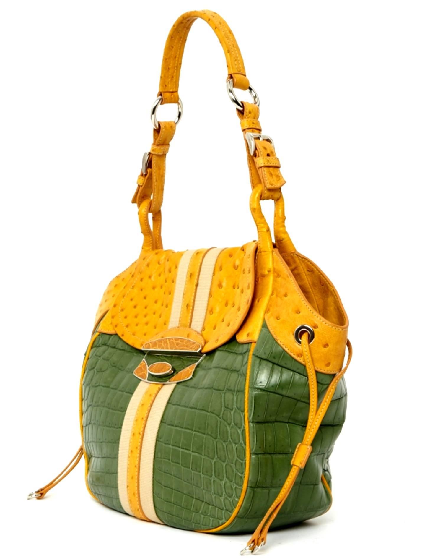 Wonderful Prada Alligator & Ostrich bag
Amazing piece from Prada's Exotic Skin collections - 
Only made to order
Made of finest shiny Alligator skin and beautiful ostrich
Canvas details
Fully lined with yellow leather
One inner pocket with