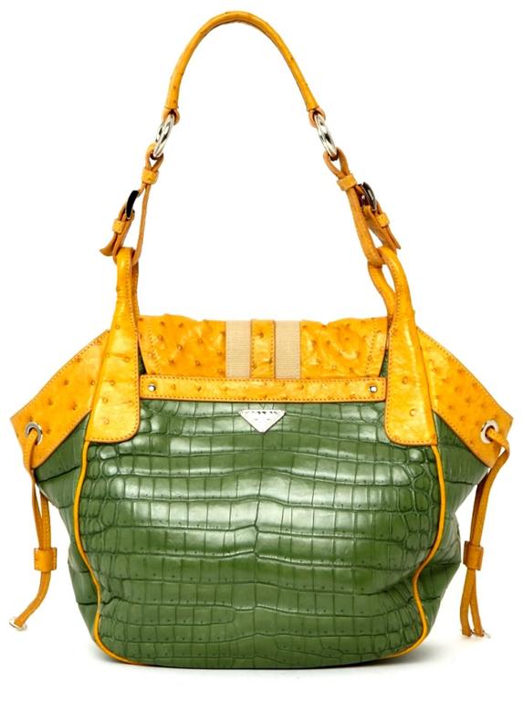 Prada Green Alligator and Yellow Ostrich Skin Handbag at 1stDibs