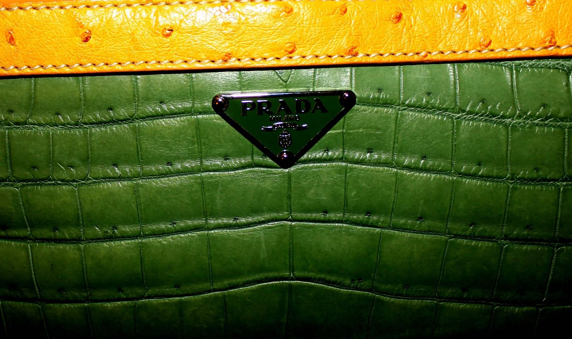 Prada Green Alligator & Yellow Ostrich Skin Handbag In Excellent Condition In Switzerland, CH