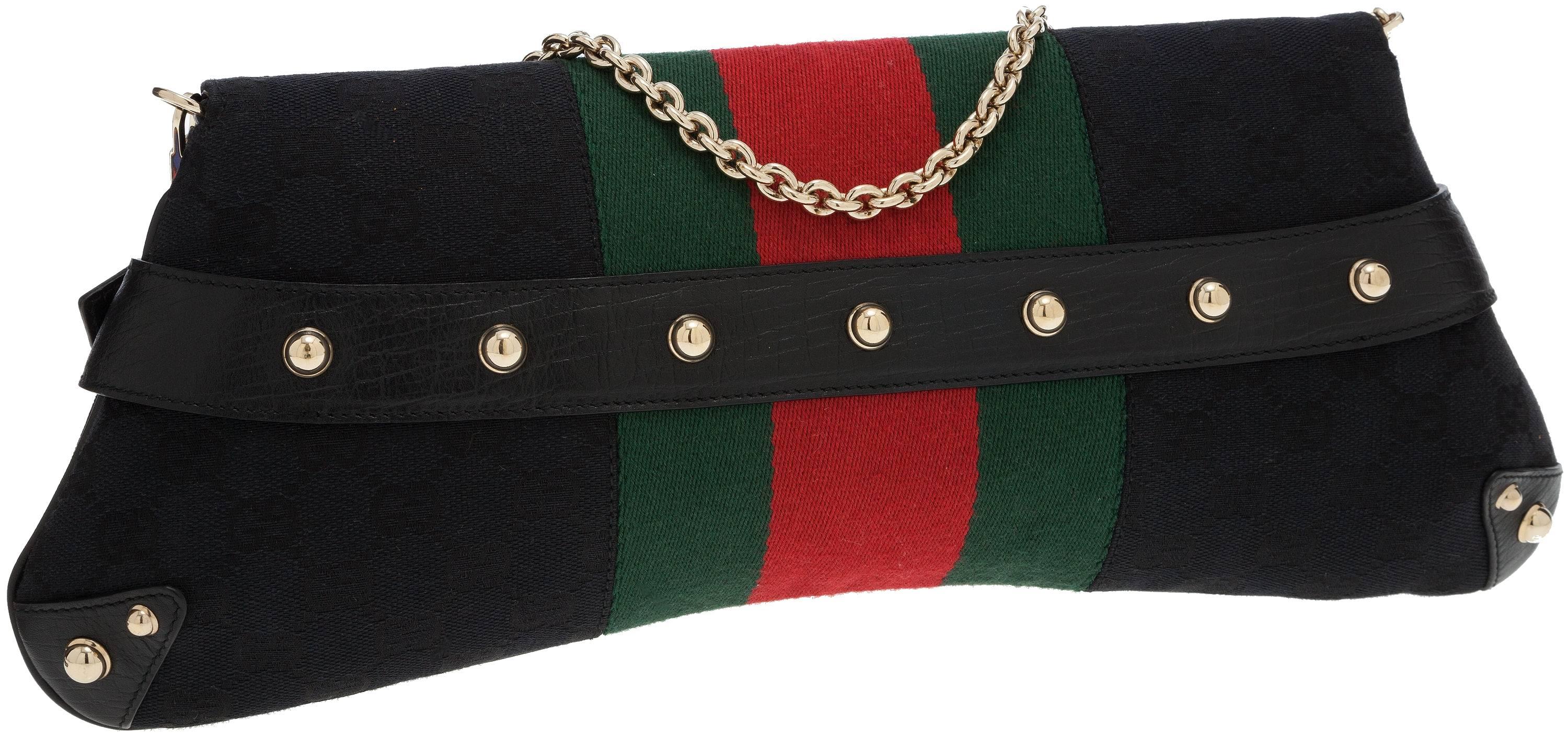Stunning Gucci XL Black Monogram Canvas Striped Horsebit Clutch 
Golden hardware & Studs
Detachable chain strap
Snap closure
Fully lined
One slip pocket
Retails for 1939$
Comes with Gucci dustbag

