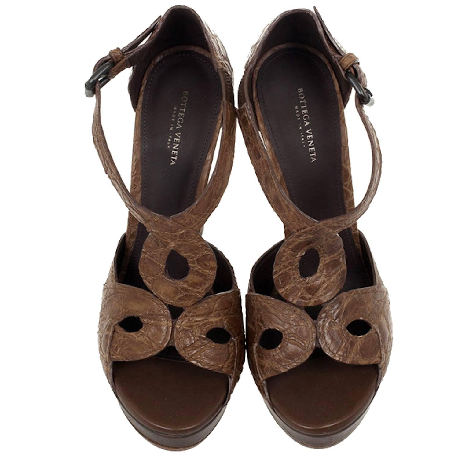 Black Bottega Veneta Chocolate Brown Crocodile High Heel Sandals