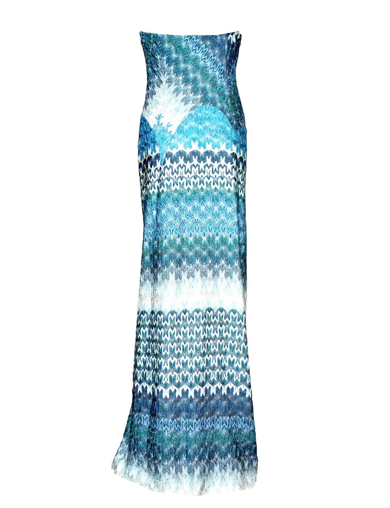 Missoni Metallic Seafoam Blue Crochet Knit Corset Evening Gown In Excellent Condition In Switzerland, CH