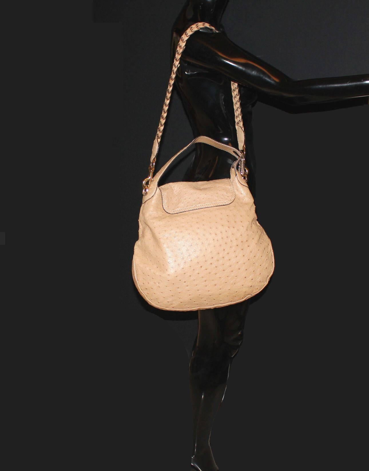 Beige Exotic XXL Gucci Ostrich Skin Horsebit Detail Shoulder Bag