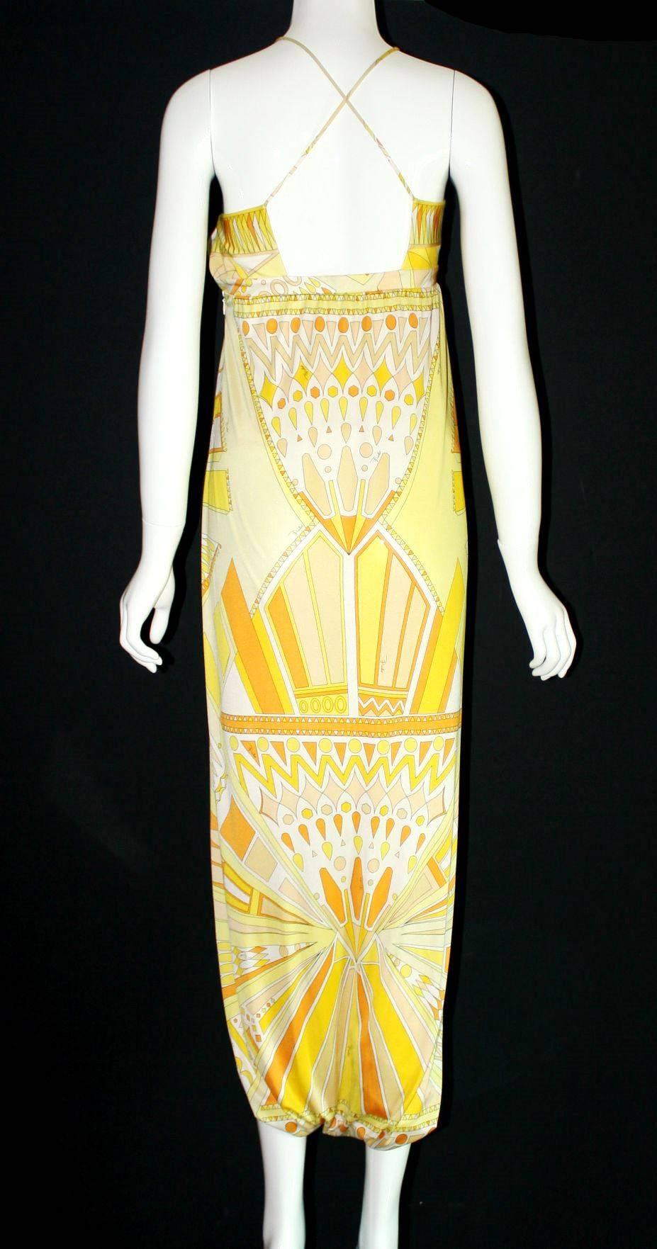 Yellow Emilio Pucci Signature Print Silk Harem Jumpsuit Gown