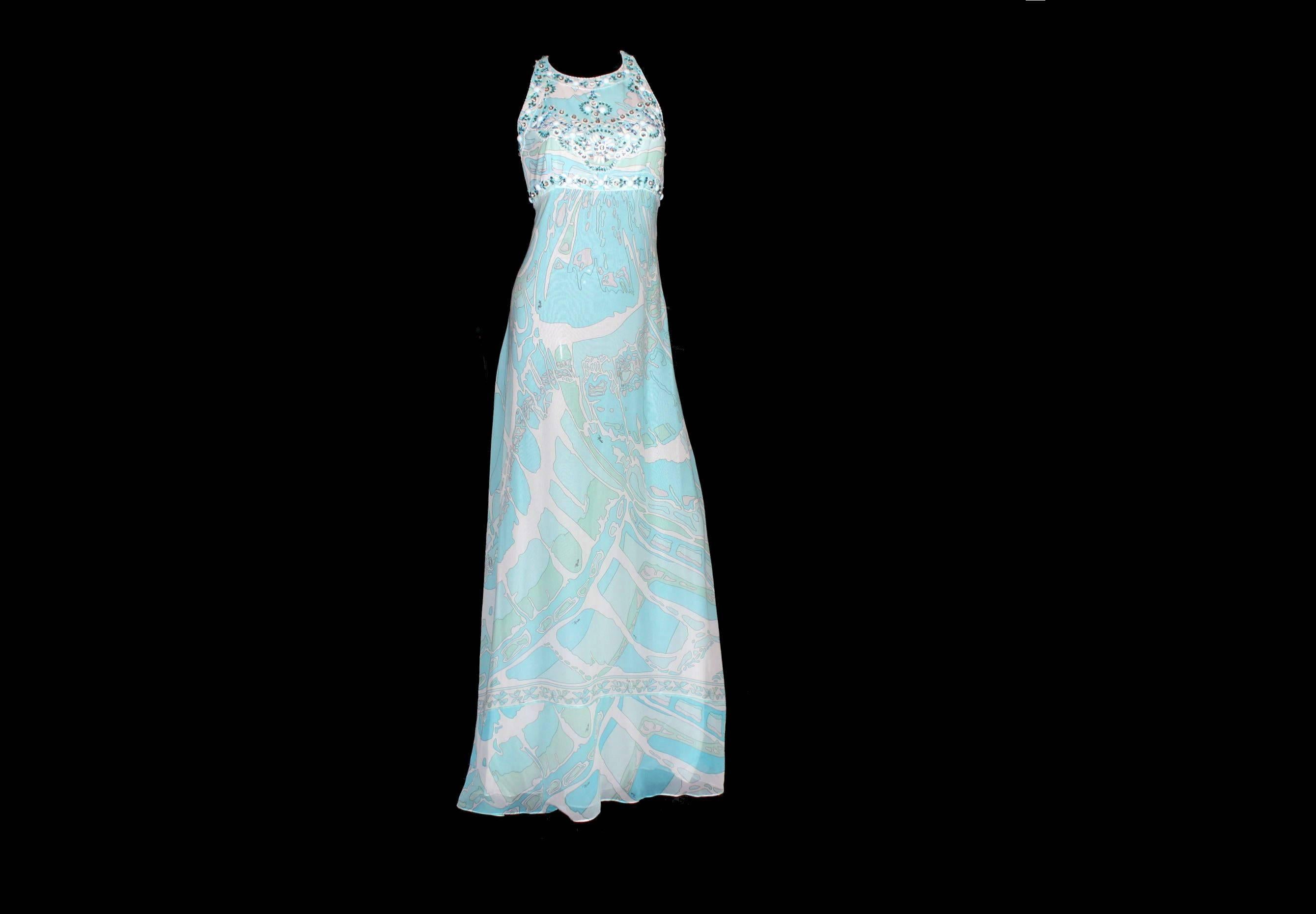 A piece of art like Haute Couture
Beautiful chiffon silk in the famous Emilio Pucci Signature Print
Amazing seafoam colors 
 Fabric signed discreetly with 