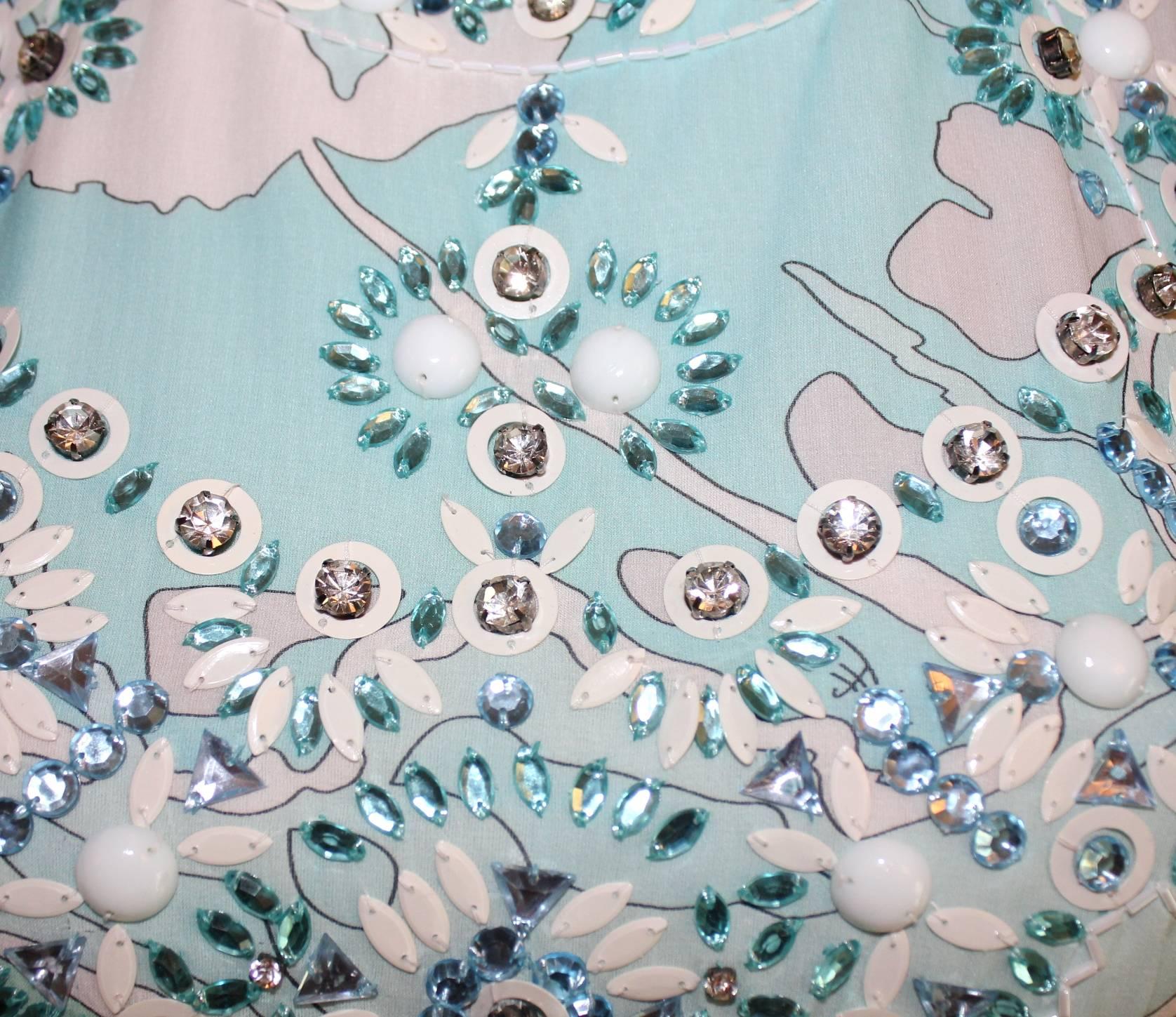 Emilio Pucci Seafoam Embroidered Crystal Sequin Silk Chiffon Gown Dress In Excellent Condition In Switzerland, CH