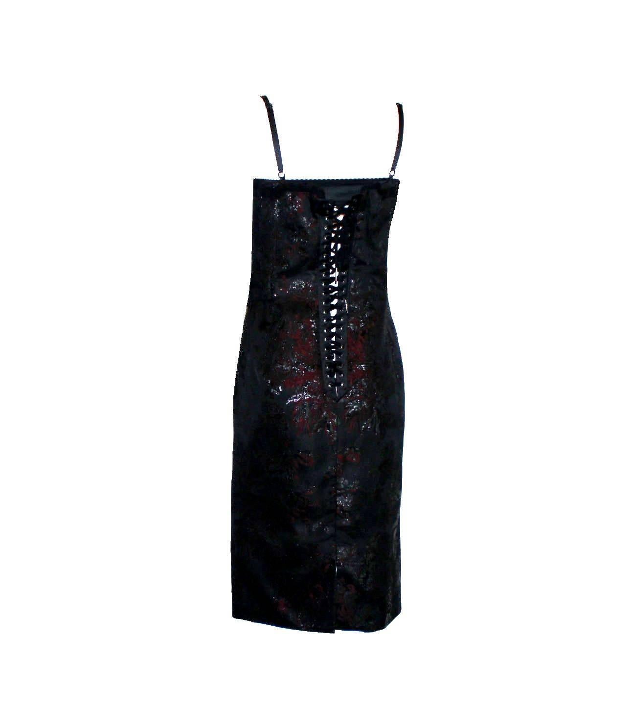 Black Dolce Gabbana Lace Up Corset Dress with Jeweled Crystal Brooch Ornament