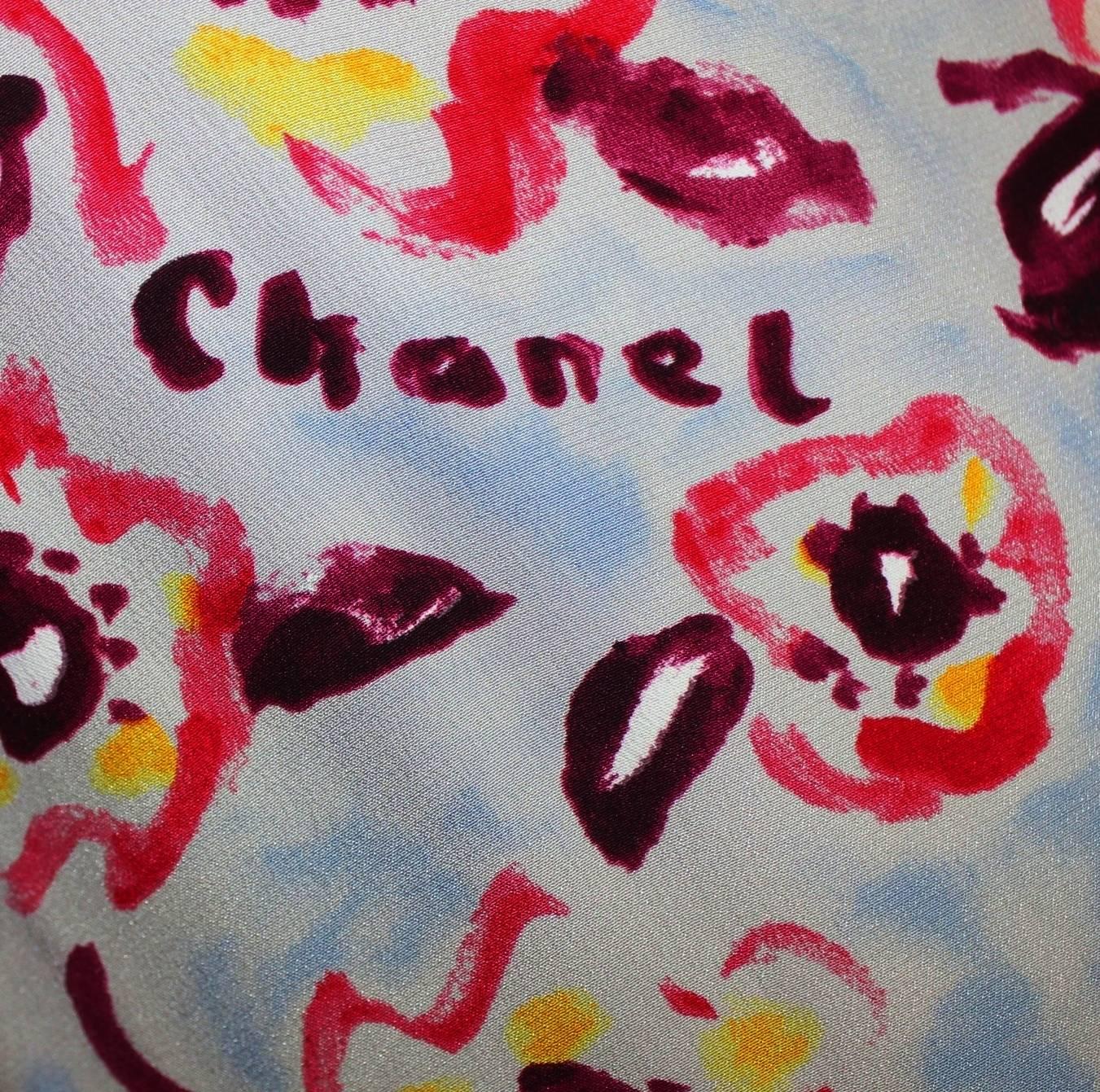 Women's Chanel CC Logo Camellia Print Vintage Silk Jumpsuit with Belt