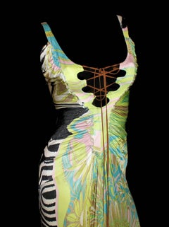 Roberto Cavalli Leather Lace Up Printed Evening Gown Maxi Dress