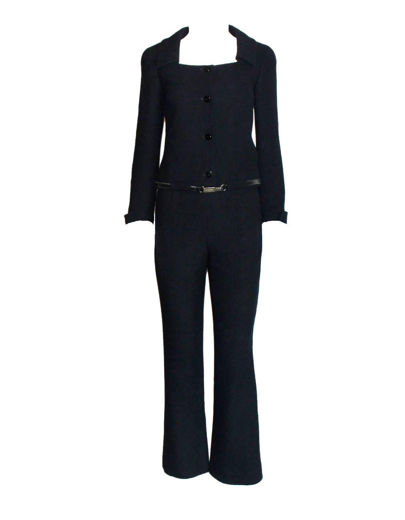 Beautiful CHANEL silk suit designed by Karl Lagerfeld
A true CHANEL signature item that will last you for many years
One of the most iconic CHANEL pieces created
Consisting of three pieces, jacket, belt and trousers
Can be worn as a a statement suit