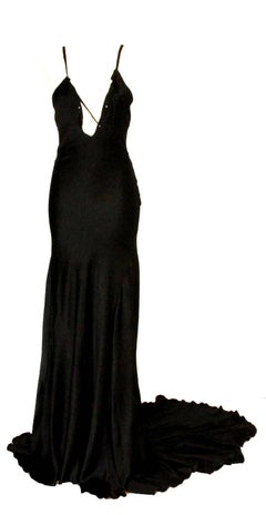 Glamorous Gucci by Tom Ford Black Silk Lace up Evening Gown with Huge Train