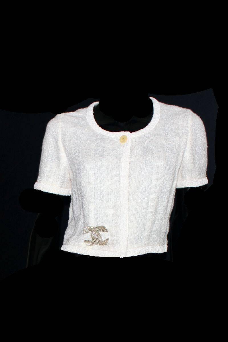 Gris Superbe tailleur jupe Chanel en tweed ivoire avec veste taille haute en vente