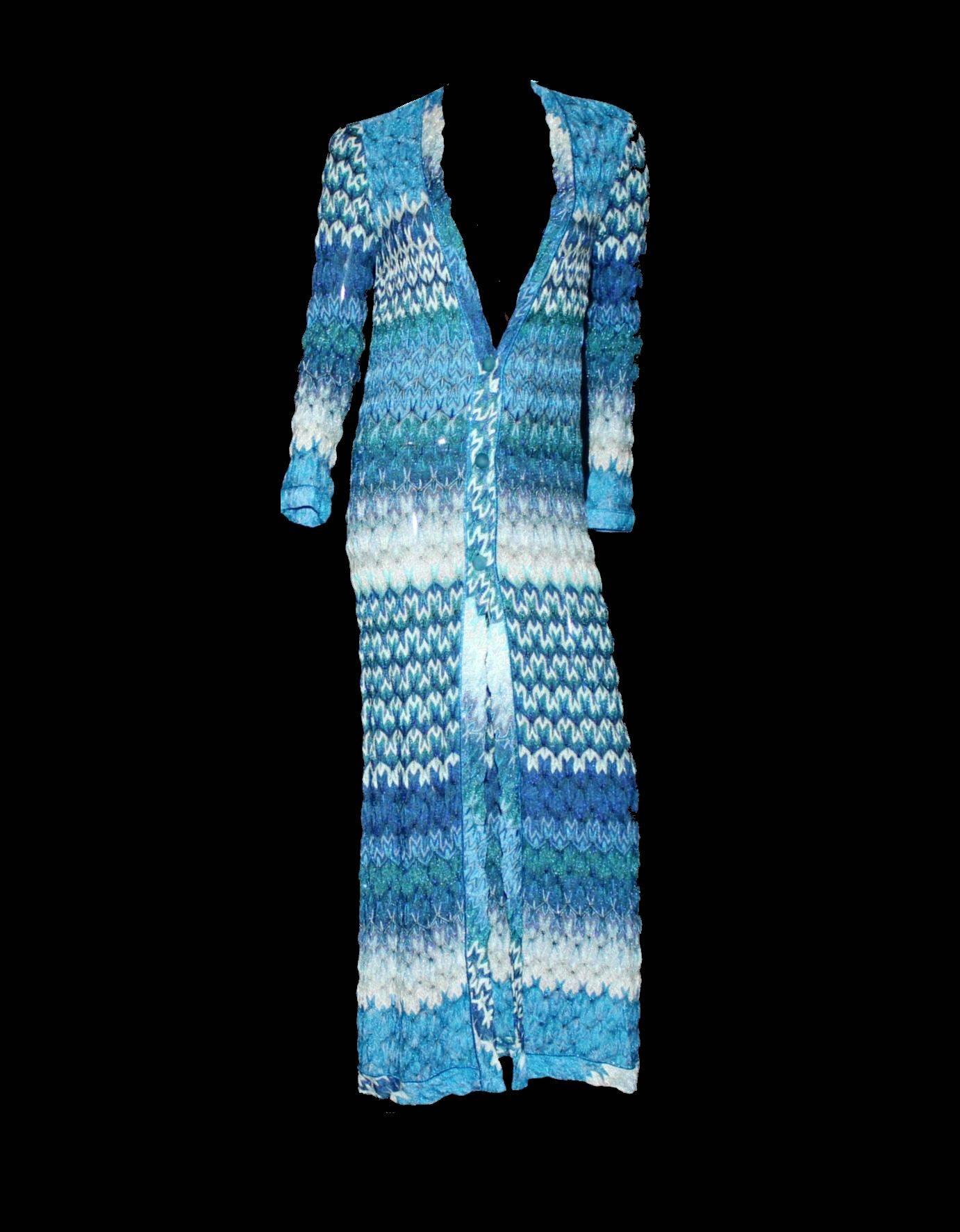 LUXURIOUS

 MISSONI SEAFOAM LUREX EVENING GOWN

A stunning maxi dress by MISSONI - impossible to find!
Orange Label - Missoni's exclusivest main collection
Such a versatile piece - wear it as dress, coat or shrug
Closes with buttons in front
Full