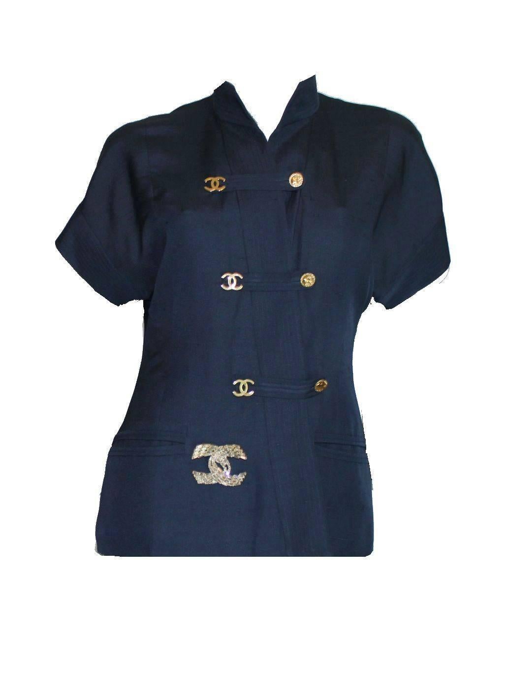 Black Vintage Chanel Blue Doupioni Silk Mao Mandarin Style Skirt Suit CC Logo Details