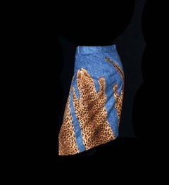 Christian Dior by John Galliano Denim Leopard Cheetah Asymmetric Skirt 2000