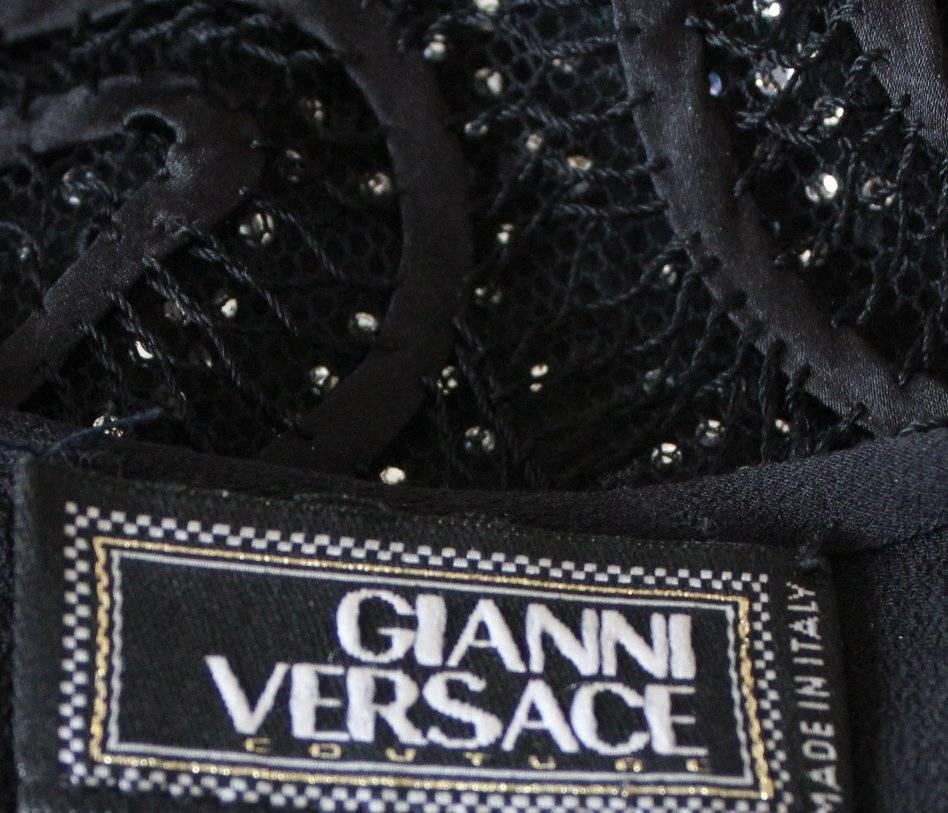 Rare Gianni Versace Couture Crochet Knit Crystal Tulle Mesh Little Black Dress 1