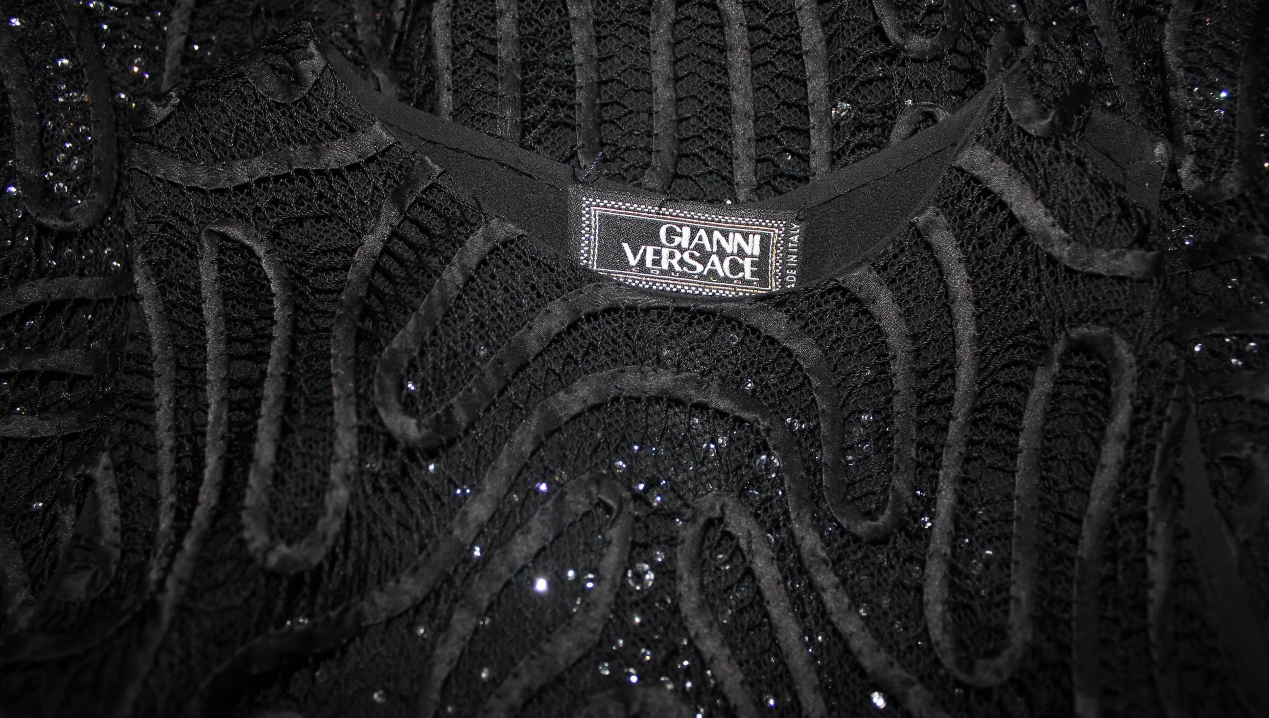 Women's Rare Gianni Versace Couture Crochet Knit Crystal Tulle Mesh Little Black Dress