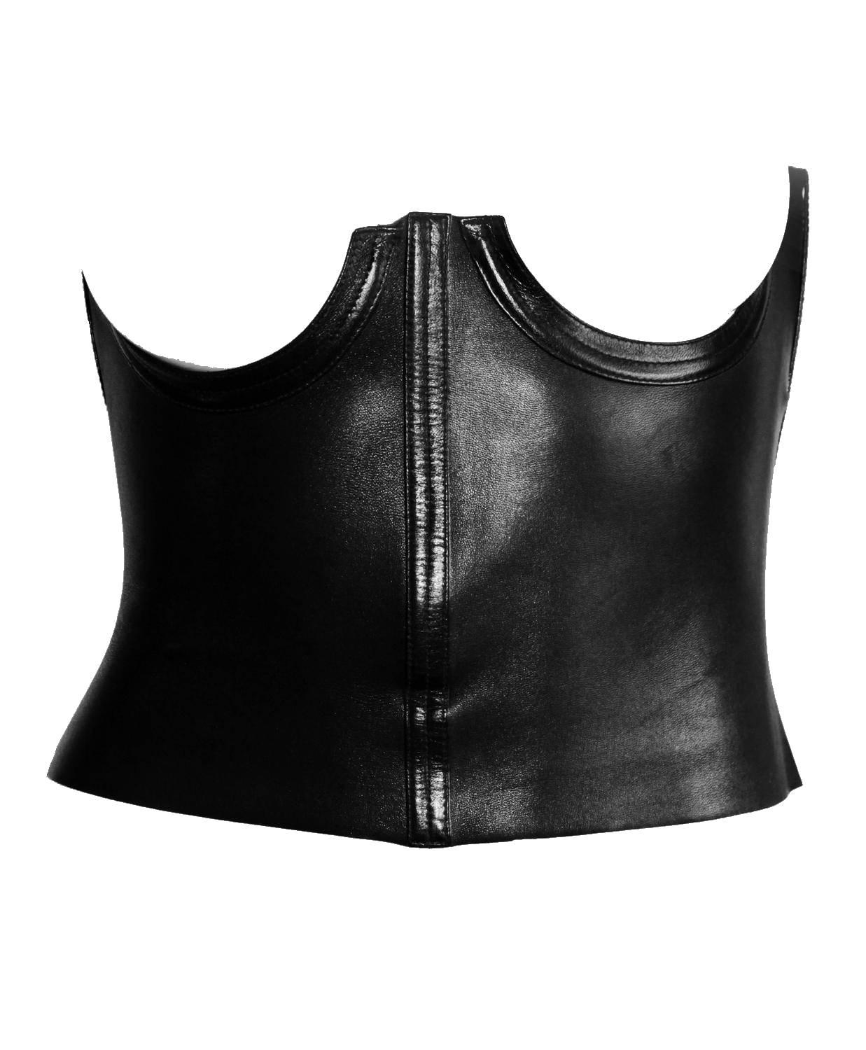 Beautiful black GUCCI leather corset

From GUCCI by TOM FORD SS 2001 collection
Made in Italy
Closes with zipper on back
Softest black leather
Open bust cup
No size tag
Fits size S or US 6
Hangers inside labelled with 