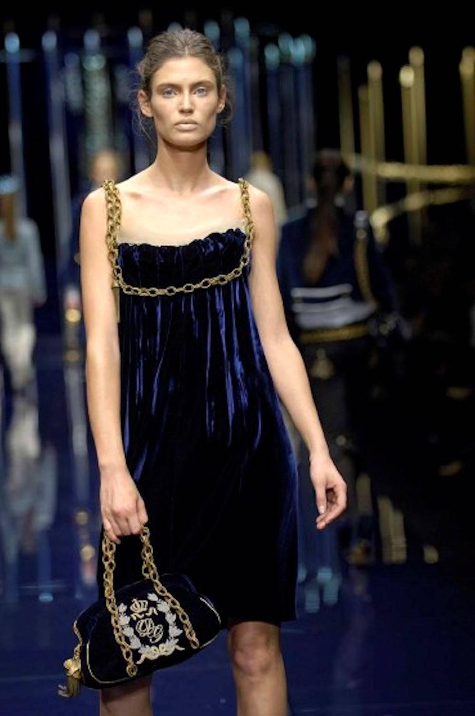 Women's Stunning Dolce & Gabbana Midnight Blue Velvet Chain Empire Dress