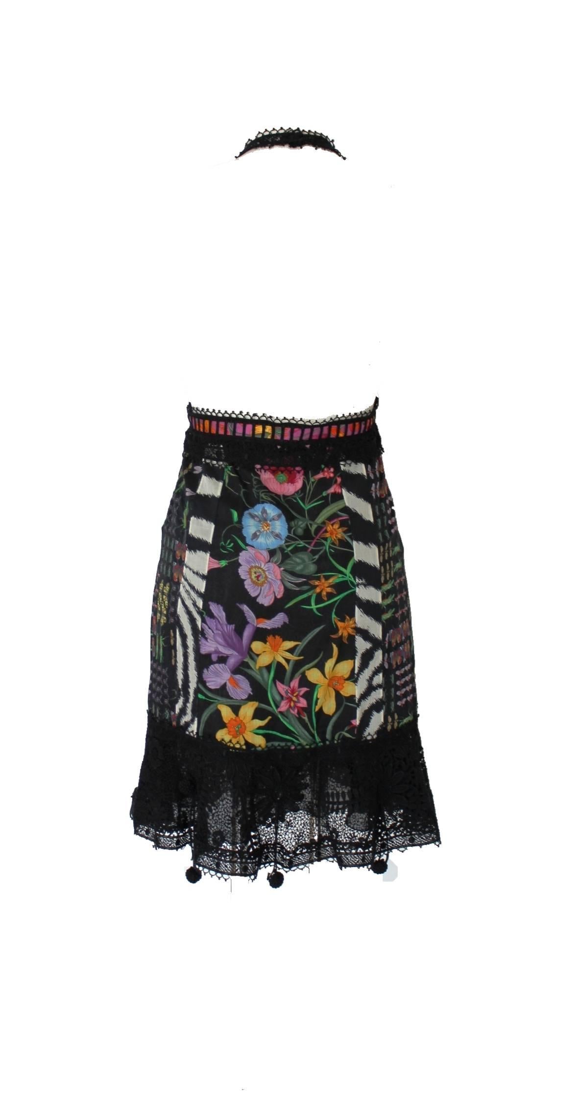 Black Famous Gucci Flora Print Floral Crochet Knit Macrame Dress