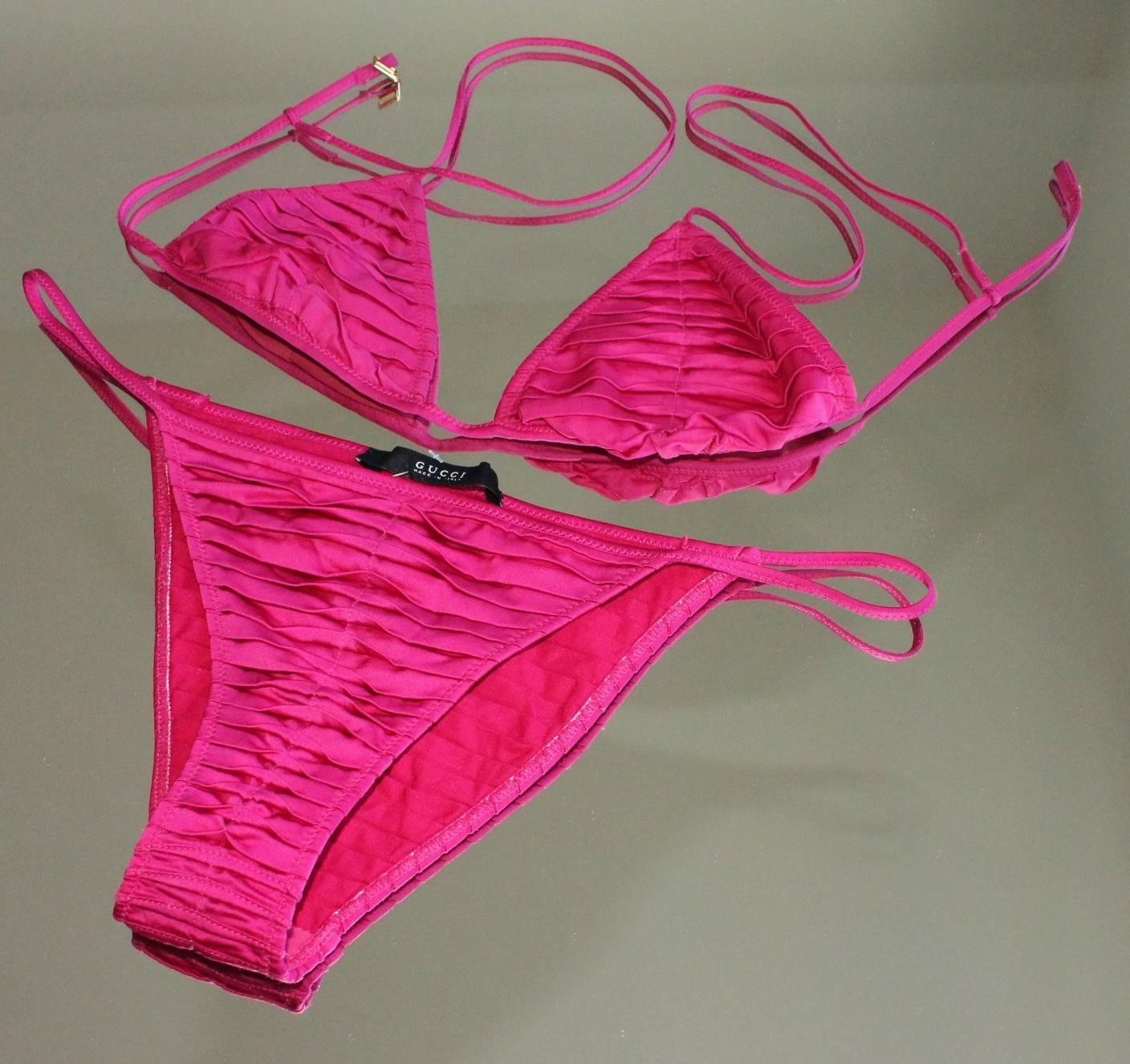 Gucci by Tom Ford 2004 Hot Pink Ruched Satin Bikini For Sale at 1stdibs