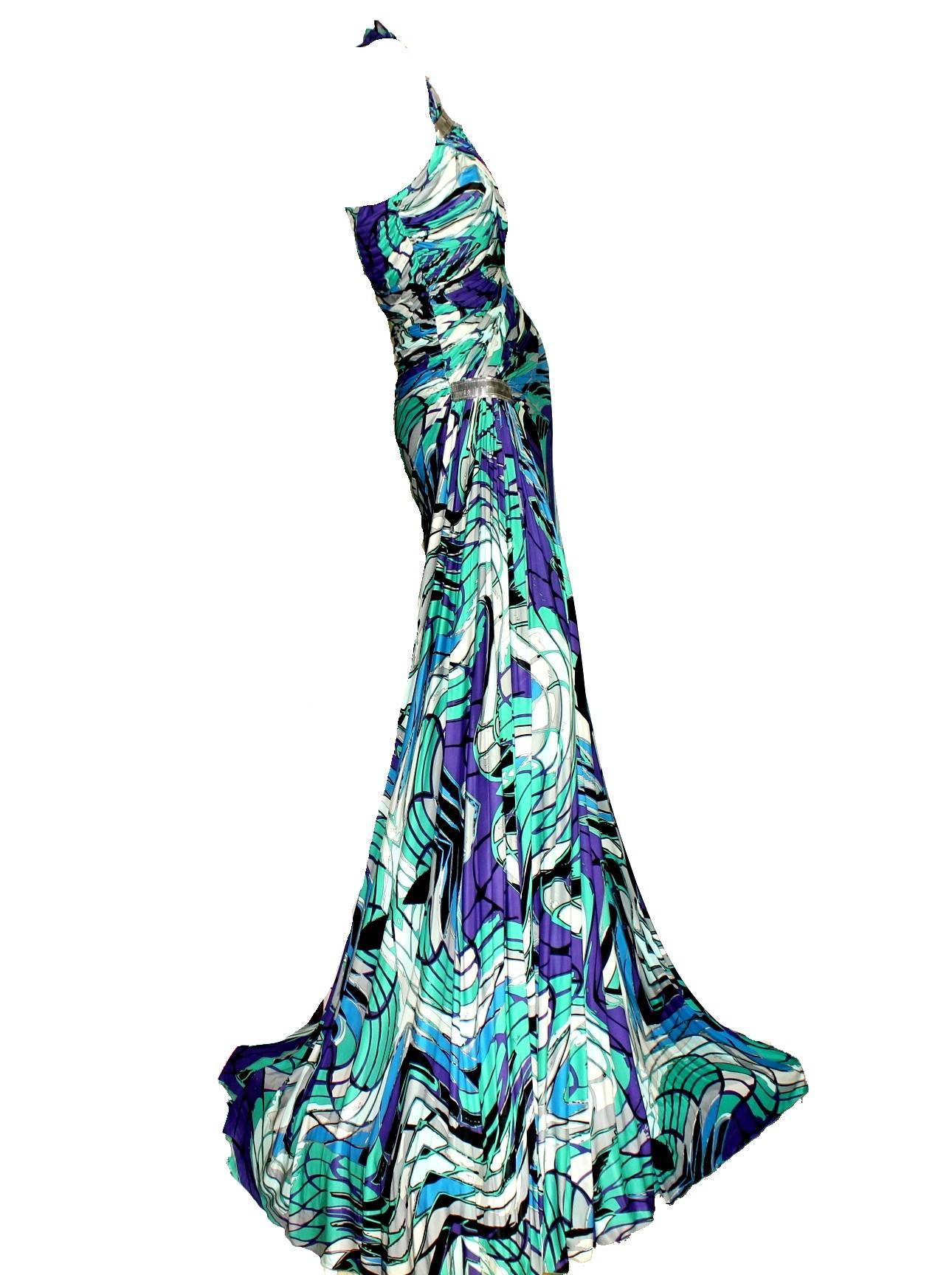 Emilio Pucci Draped Signature Print Silk Evening Gown Maxi Dress In New Condition In Switzerland, CH