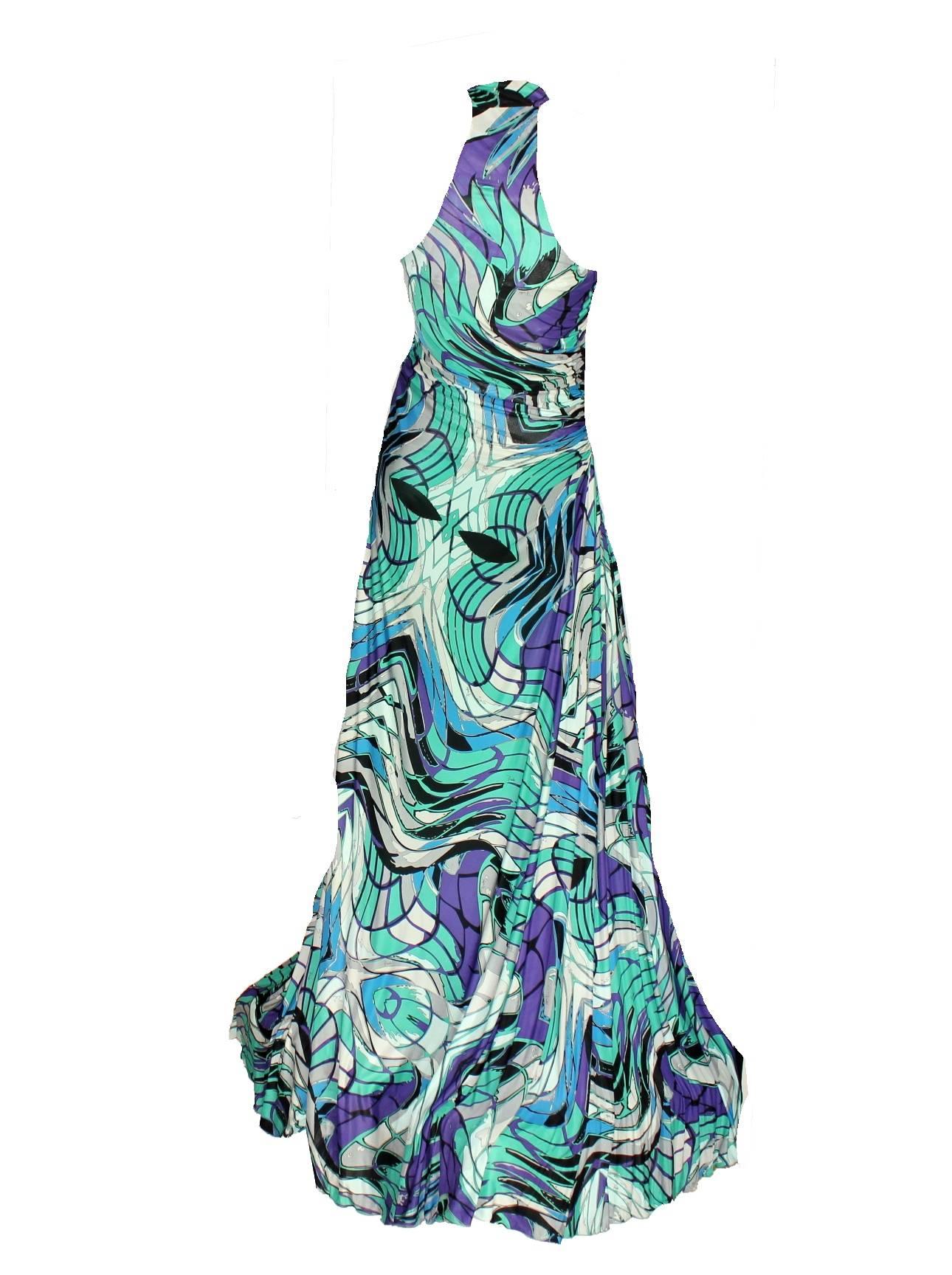 Women's Emilio Pucci Draped Signature Print Silk Evening Gown Maxi Dress