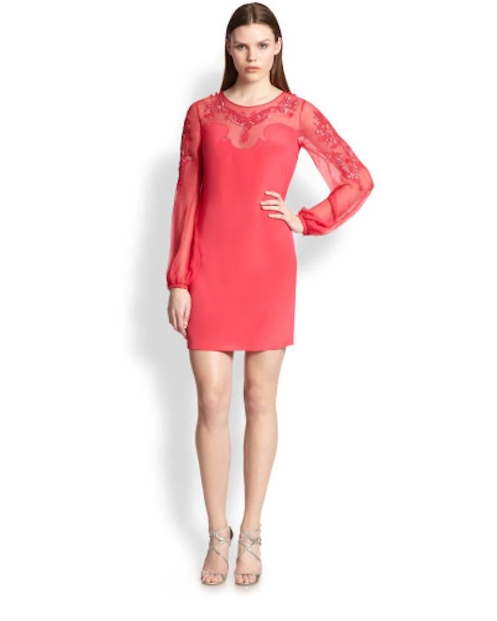 Stunning Emilio Pucci Coral Embroidered Sequin Silk Chiffon Dress In New Condition In Switzerland, CH