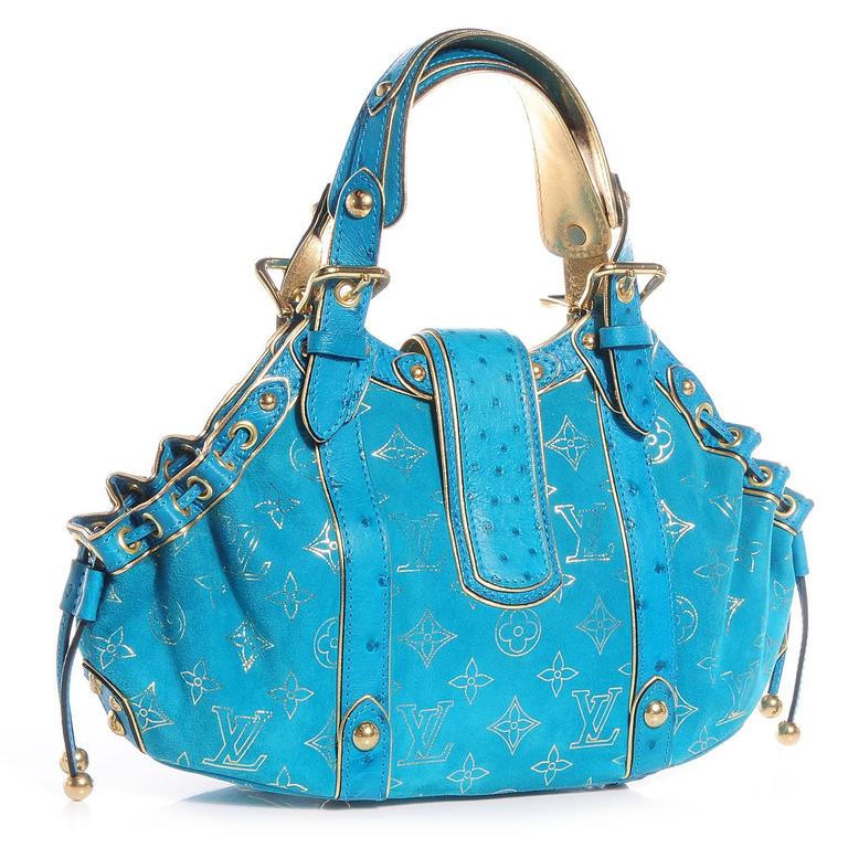 Rare Louis Vuitton Turquoise Suede Ostrich Skin Monogram Bag For Sale at 1stdibs