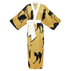 NUEVA Bata de seda con estampado de gato dorado Olivia von Halle Kimono OS