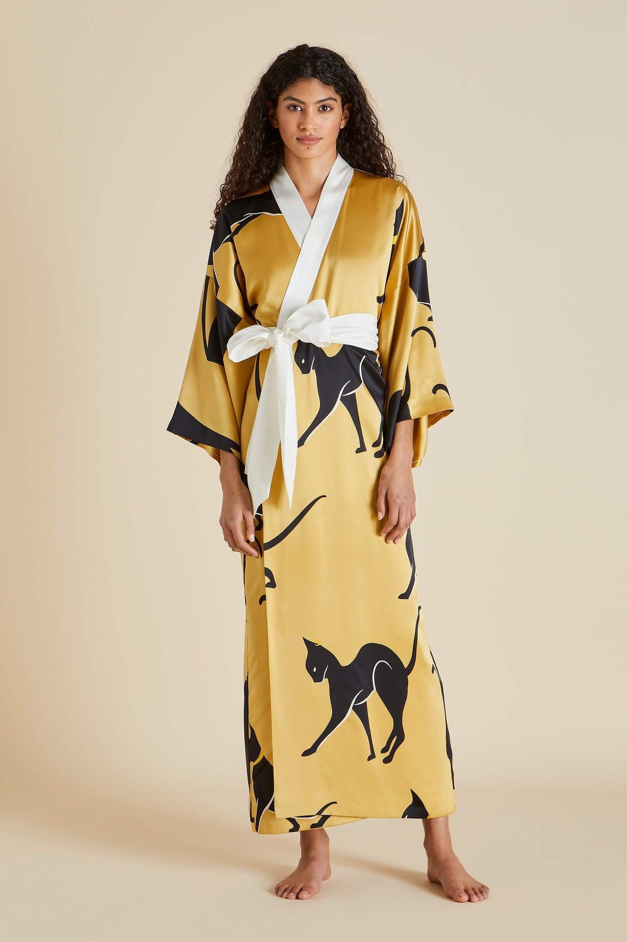 NEW Olivia von Halle Golden Cat Print Silk Dressing Gown Kimono Robe OS en vente 2