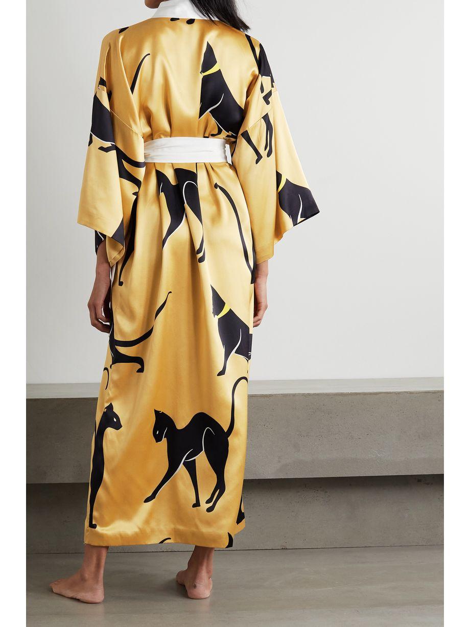 Beige NEW Olivia von Halle Golden Cat Print Silk Dressing Gown Kimono Robe OS en vente